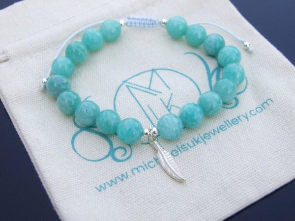 Mozambique Amazonite Sterling Silver Feather Natural Gemstone Bracelet 6-9'' Macrame Michael's UK Jewellery