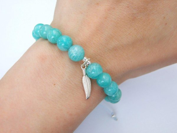 Mozambique Amazonite Sterling Silver Feather Natural Gemstone Bracelet 6-9'' Macrame Michael's UK Jewellery
