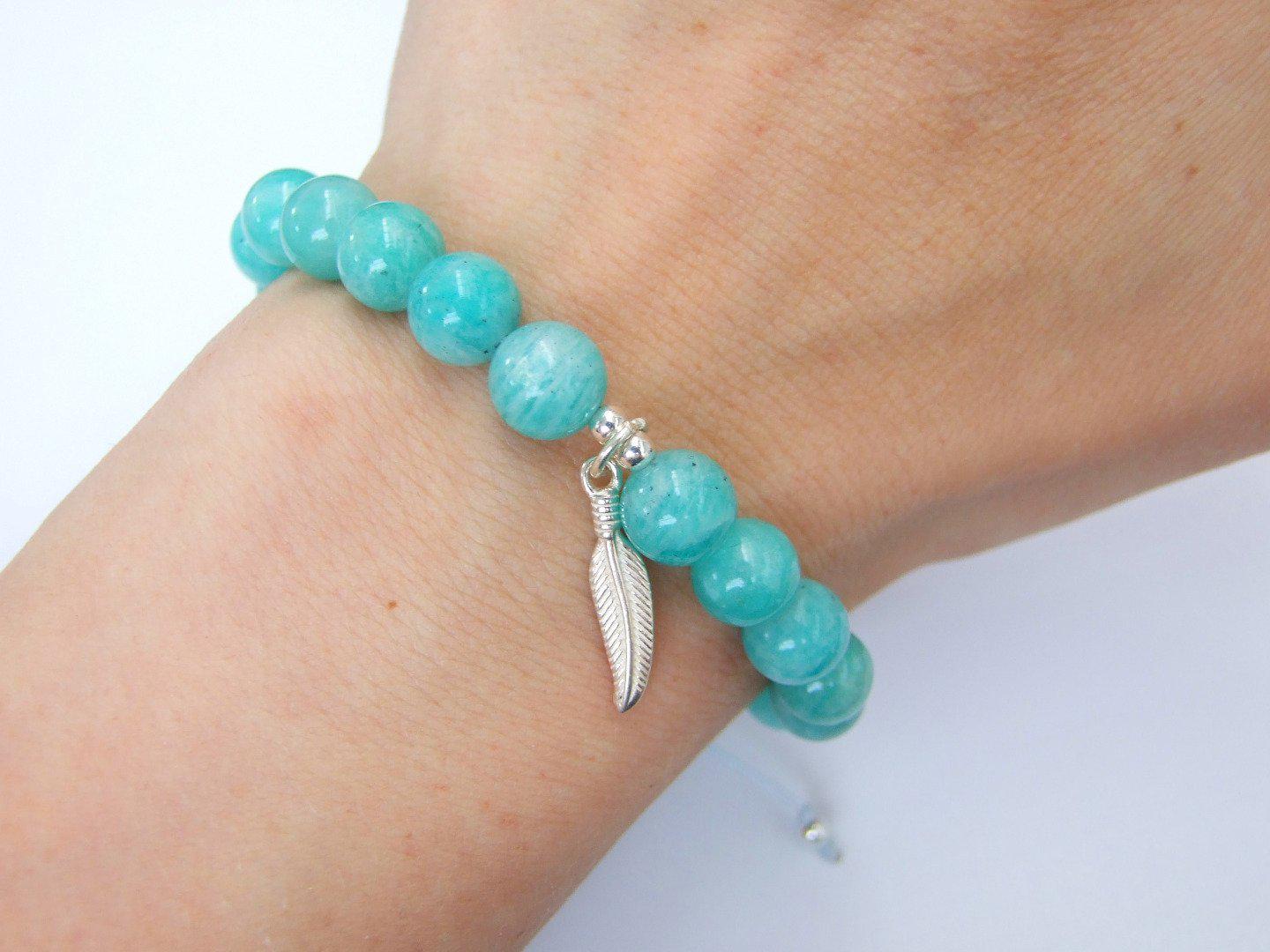 Mozambique Amazonite Sterling Silver Feather Natural Gemstone Bracelet 6-9'' Macrame Michael's UK Jewellery