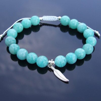Mozambique Amazonite Sterling Silver Feather Natural Gemstone Bracelet 6-9'' Macrame Michael's UK Jewellery