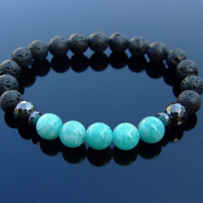 Mozambique Amazonite and Lava Natural Gemstone Bracelet 6-9'' Elasticated Michael's UK Jewellery