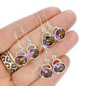 Mystic Quartz Gemstone Earrings 925 Sterling Silver oval gemstone hook earrings beads mouse
