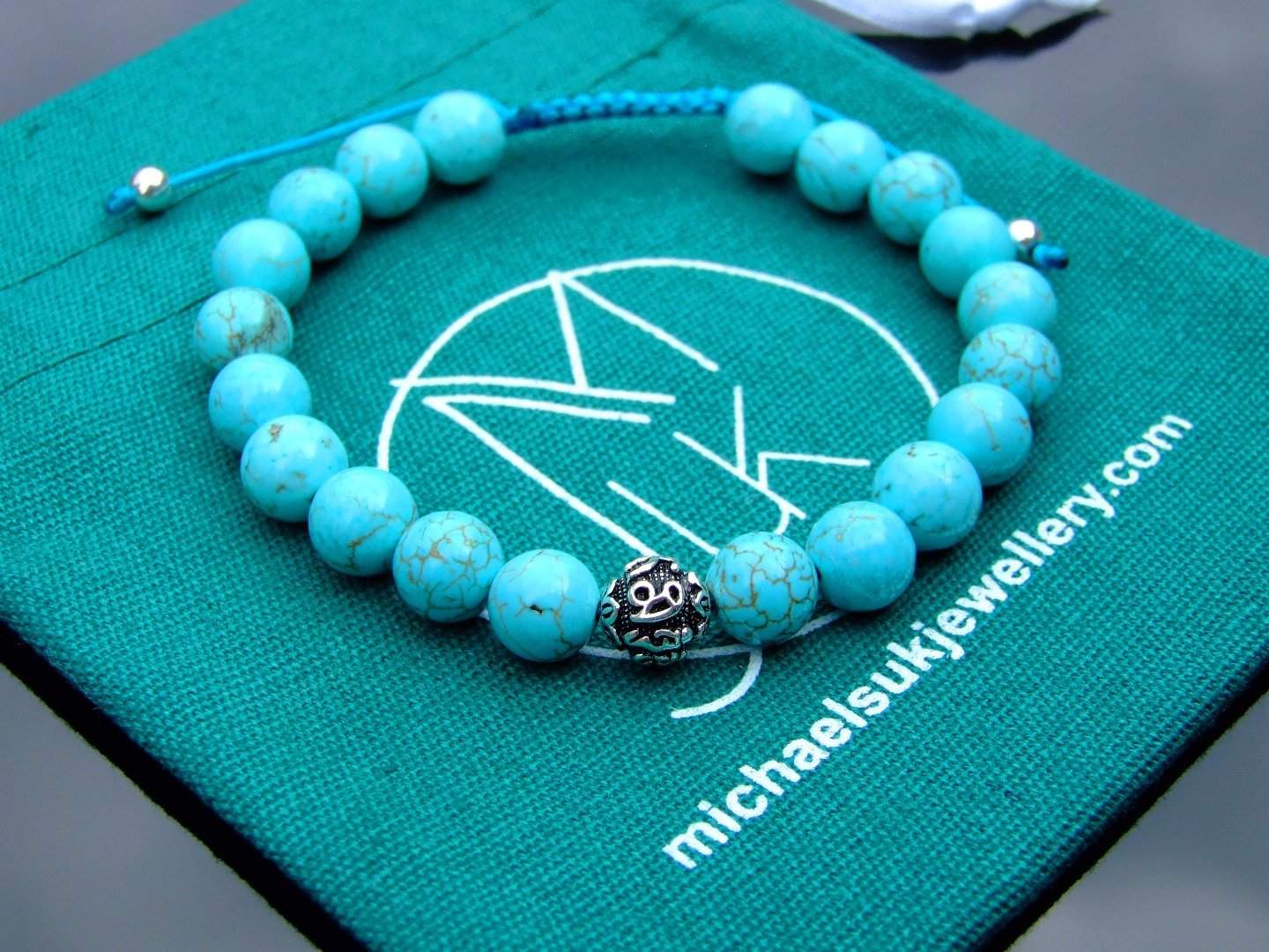 Natural Turquoise Om Sterling Silver Gemstone Bracelet 6-9'' Macrame Michael's UK Jewellery
