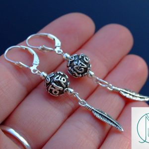 Om Mani Padme Hum with Feather Solid 925 Sterling Silver Earrings Michael's UK Jewellery