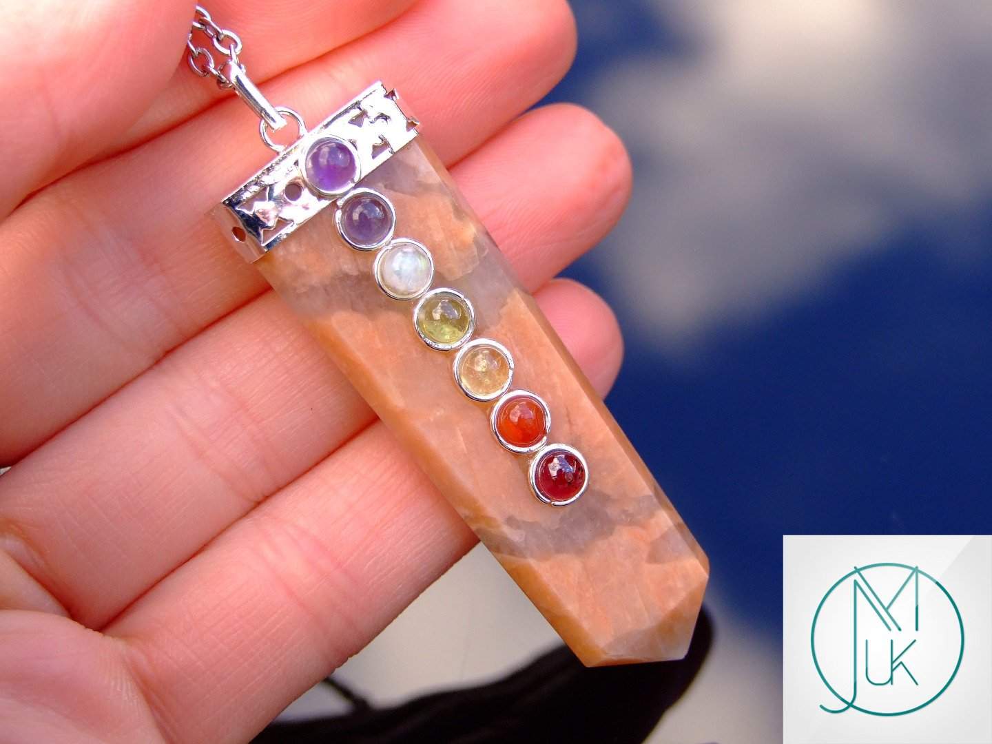 Peach Moonstone 7 Chakra Natural Gemstone Pendant Necklace 50cm Michael's UK Jewellery