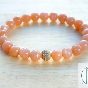 Peach Moonstone Gold Micro Pave Gemstone Bracelet 6-9'' Elasticated Michael's UK Jewellery