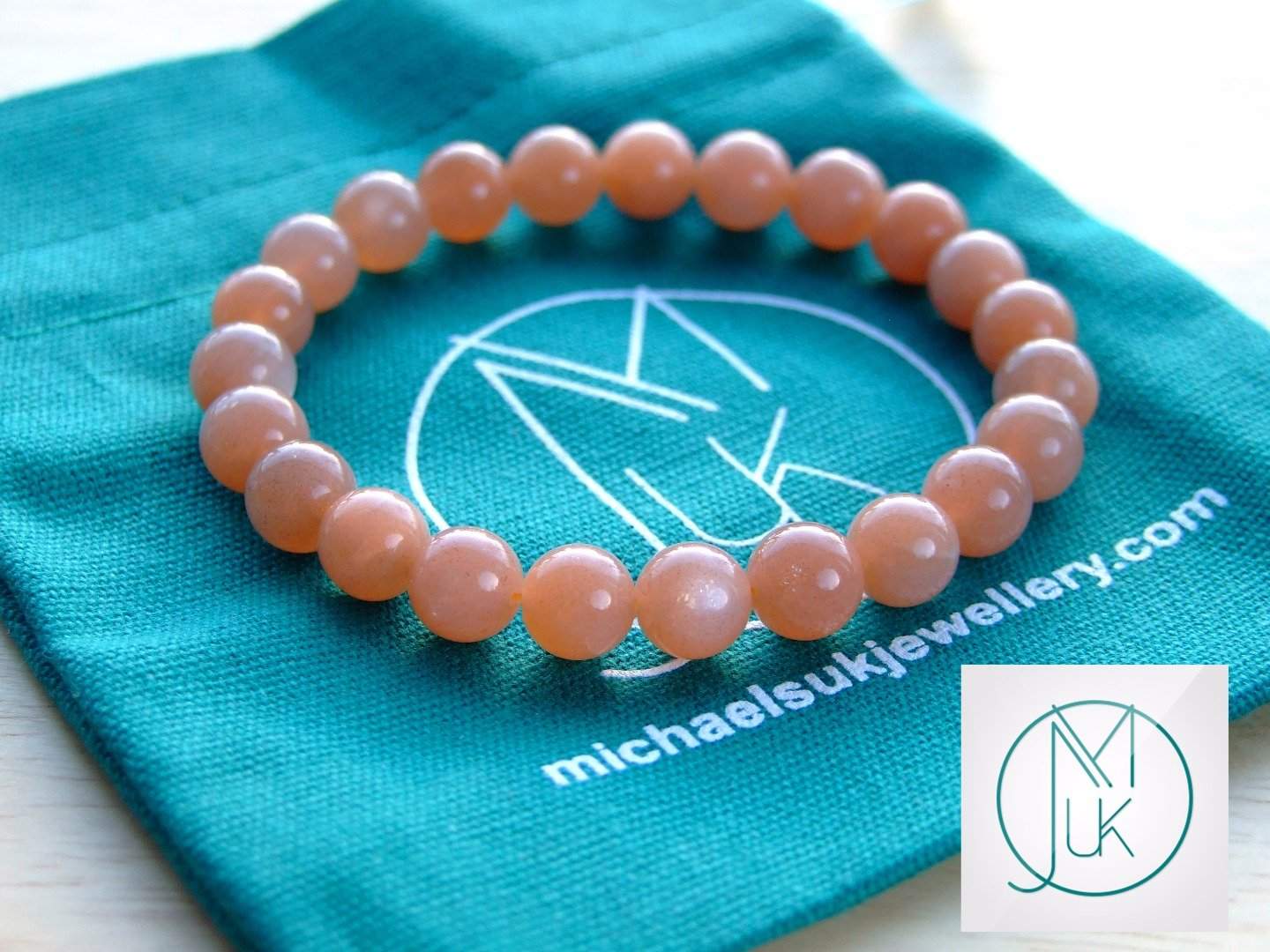 Peach Moonstone Natural Gemstone Bracelet 6-9'' Elasticated Michael's UK Jewellery