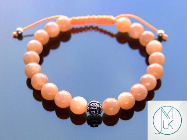 Peach Moonstone Om Sterling Silver Natural Gemstone Bracelet 6-9'' Macrame Michael's UK Jewellery