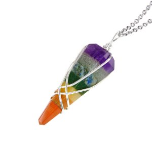 Pendulum 7 Chakra Necklace Natural Gemstone Stainless Steel Chain with Pouch Michael's UK Jewellery