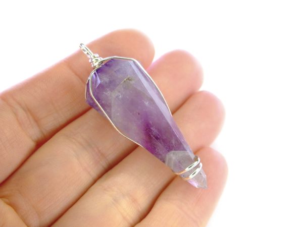 Pendulum Amethyst Necklace Natural Gemstone Stainless Steel Chain with Pouch Michael's UK Jewellery