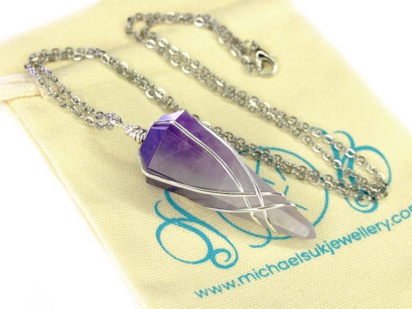 Pendulum Amethyst Necklace Natural Gemstone Stainless Steel Chain with Pouch Michael's UK Jewellery