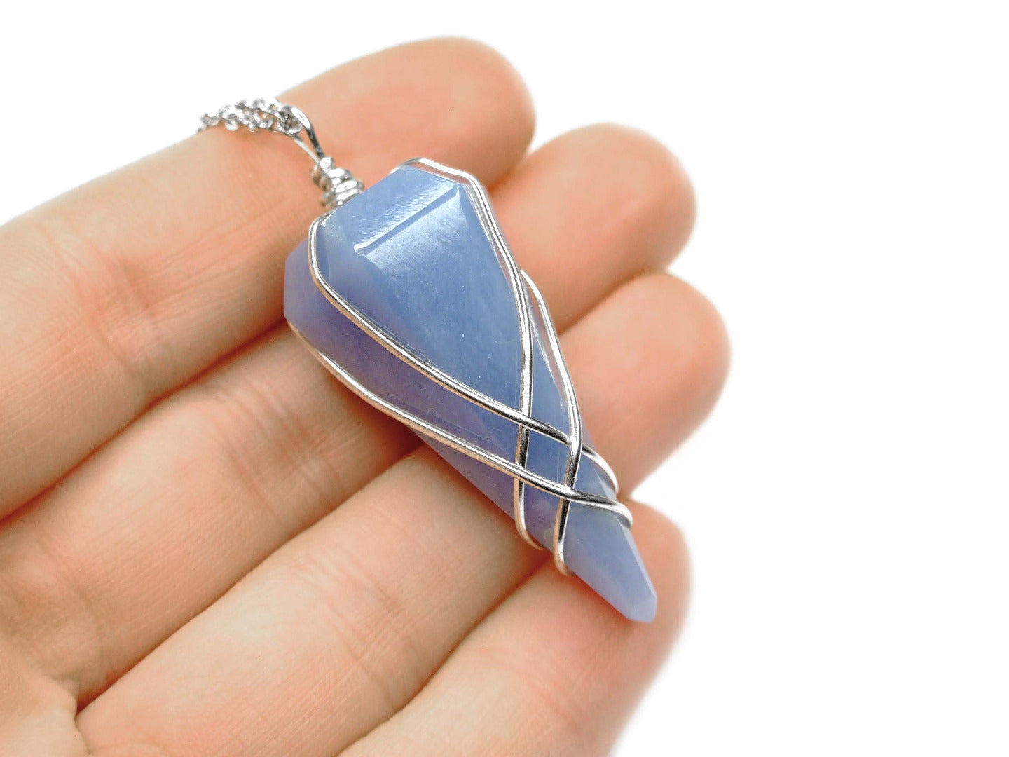 Pendulum Angelite Necklace Natural Gemstone Stainless Steel Chain with Pouch Michael's UK Jewellery