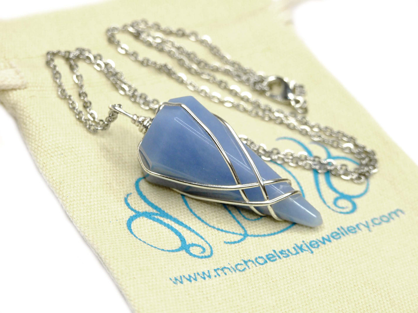 Pendulum Angelite Necklace Natural Gemstone Stainless Steel Chain with Pouch Michael's UK Jewellery