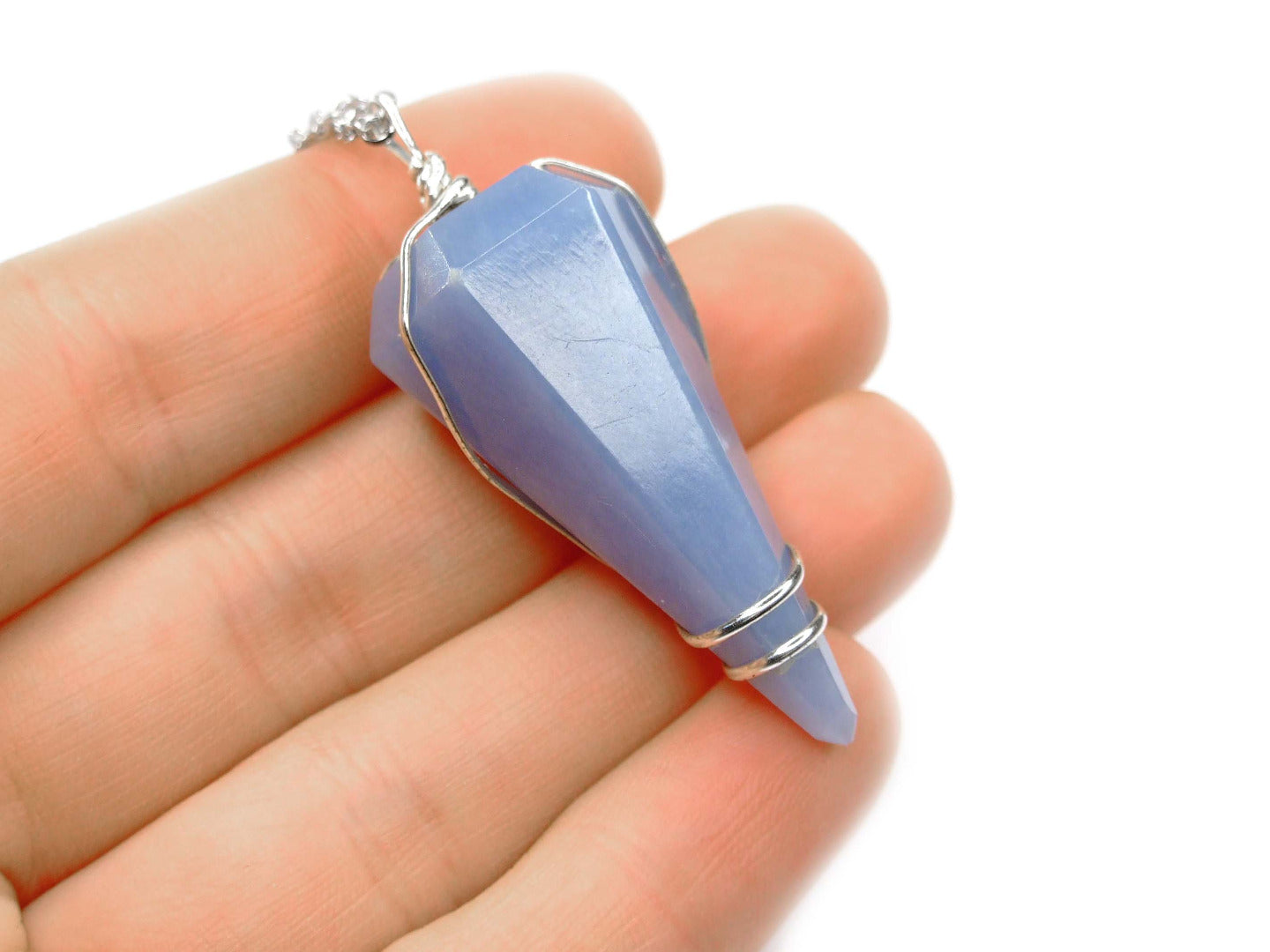 Pendulum Angelite Necklace Natural Gemstone Stainless Steel Chain with Pouch Michael's UK Jewellery