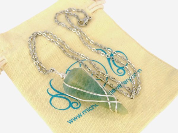 Pendulum Aquamarine Necklace Natural Gemstone Stainless Steel Chain with Pouch Michael's UK Jewellery