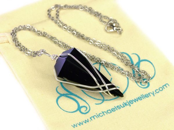 Pendulum Black Obsidian Necklace Natural Gemstone Stainless Steel Chain with Pouch Michael's UK Jewellery
