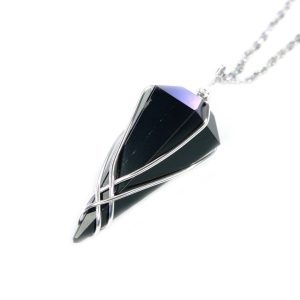 Pendulum Black Obsidian Necklace Natural Gemstone Stainless Steel Chain with Pouch Michael's UK Jewellery