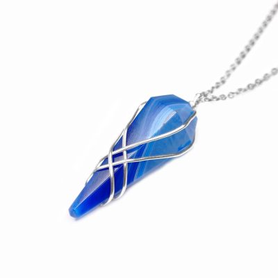 Pendulum Blue Onyx Necklace Natural Gemstone Stainless Steel Chain with Pouch Michael's UK Jewellery