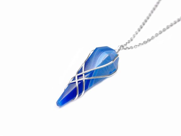 Pendulum Blue Onyx Necklace Natural Gemstone Stainless Steel Chain with Pouch Michael's UK Jewellery