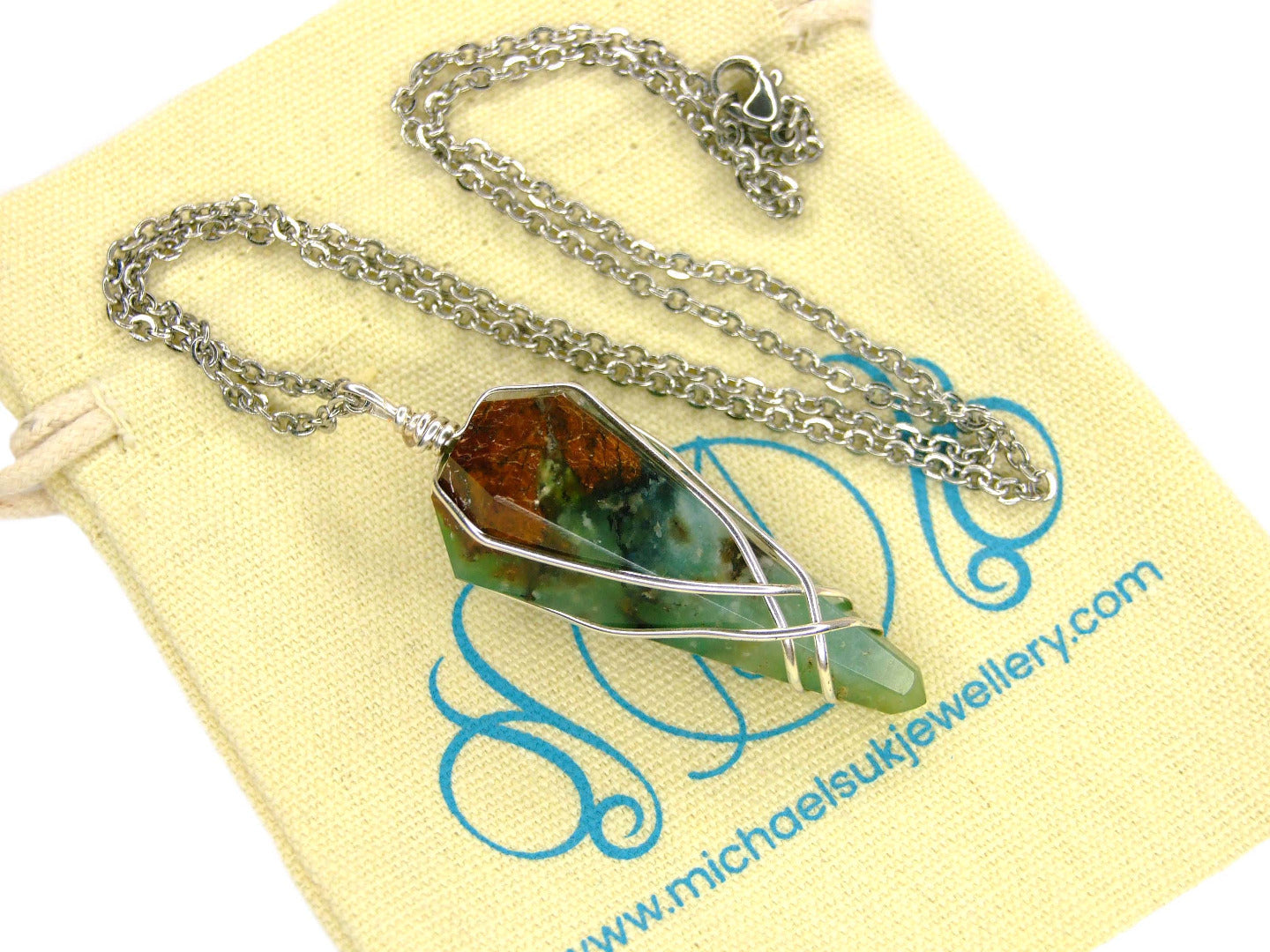 Pendulum Chrysoprase Necklace Natural Gemstone Stainless Steel Chain with Pouch Michael's UK Jewellery