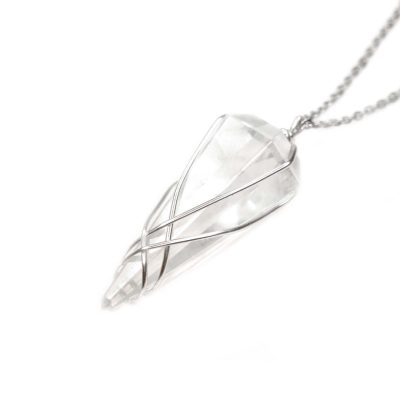 Pendulum Clear Quartz Necklace Natural Gemstone Stainless Steel Chain with Pouch Michael's UK Jewellery
