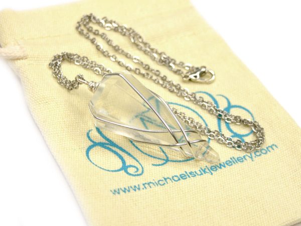 Pendulum Clear Quartz Necklace Natural Gemstone Stainless Steel Chain with Pouch Michael's UK Jewellery