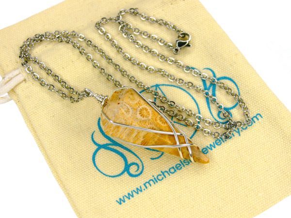 Pendulum Fossil Coral Necklace Natural Gemstone Stainless Steel Chain with Pouch Michael's UK Jewellery