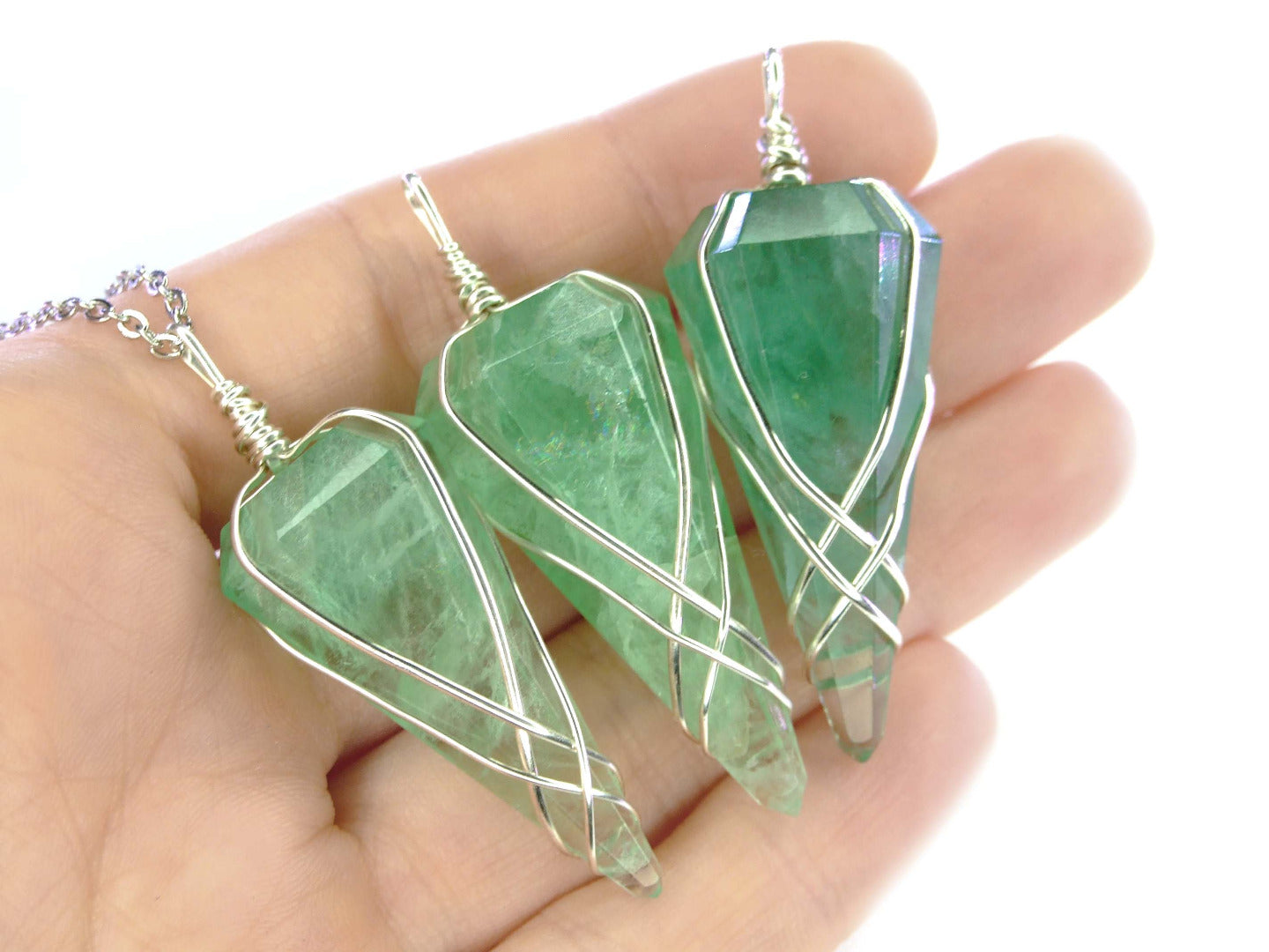 Pendulum Green Fluorite Necklace Natural Gemstone Stainless Steel Chain with Pouch Michael's UK Jewellery