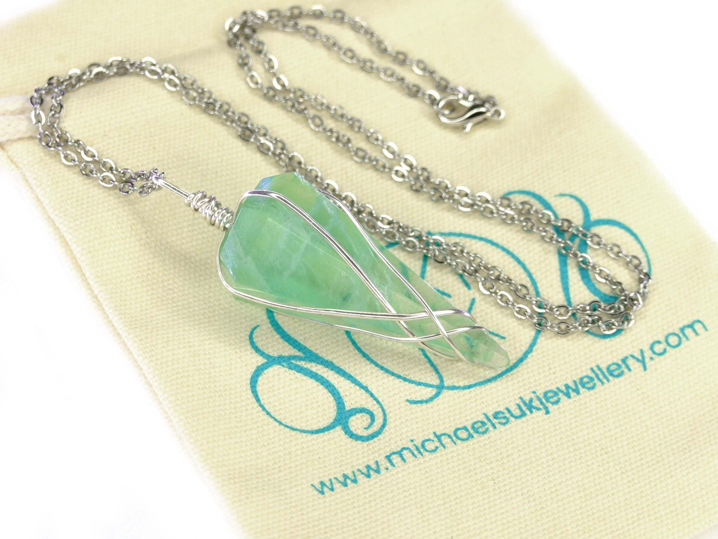 Pendulum Green Fluorite Necklace Natural Gemstone Stainless Steel Chain with Pouch Michael's UK Jewellery