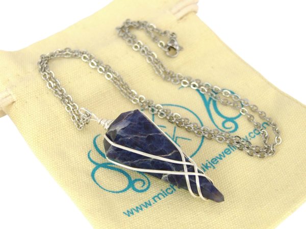 Pendulum Iolite Necklace Natural Gemstone Stainless Steel Chain with Pouch Michael's UK Jewellery