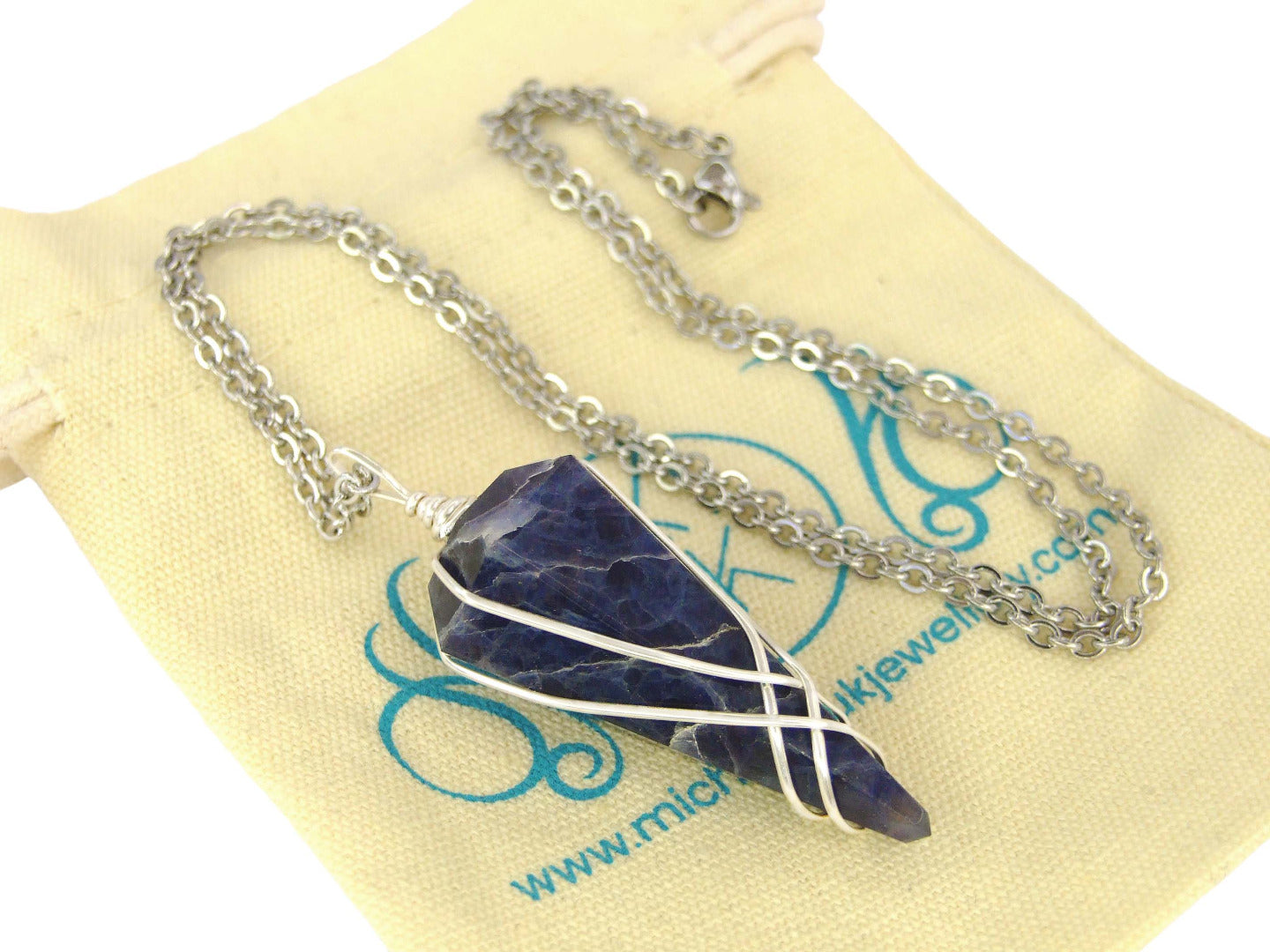 Pendulum Iolite Necklace Natural Gemstone Stainless Steel Chain with Pouch Michael's UK Jewellery