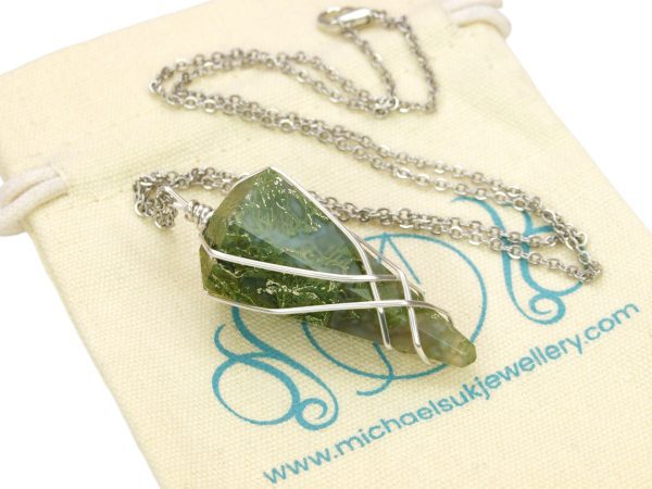 Pendulum Moss Agate Necklace Natural Gemstone Stainless Steel Chain with Pouch Michael's UK Jewellery