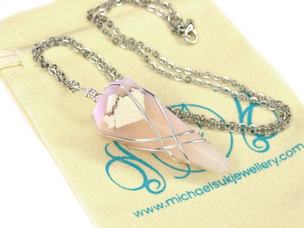 Pendulum Pink Opal Necklace Natural Gemstone Stainless Steel Chain with Pouch Michael's UK Jewellery