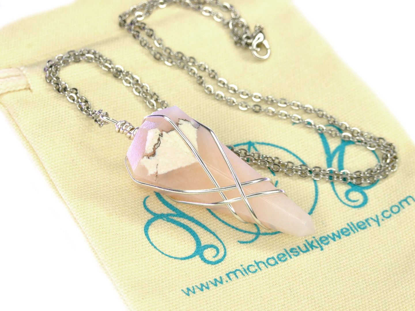 Pendulum Pink Opal Necklace Natural Gemstone Stainless Steel Chain with Pouch Michael's UK Jewellery