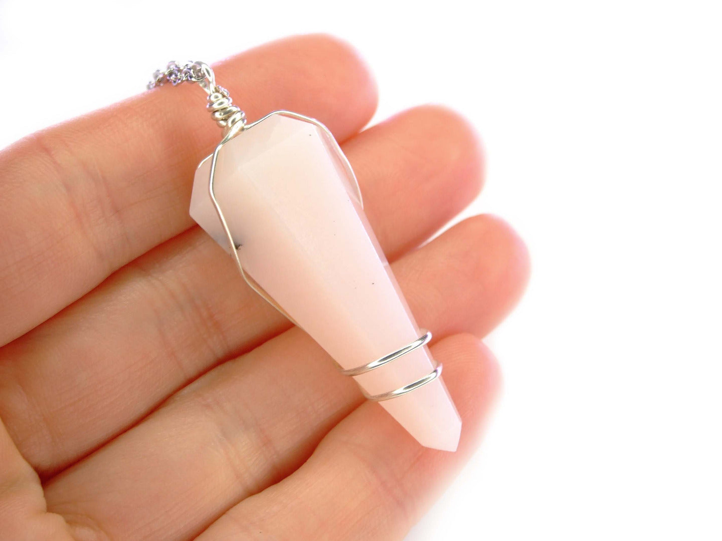 Pendulum Pink Opal Necklace Natural Gemstone Stainless Steel Chain with Pouch Michael's UK Jewellery