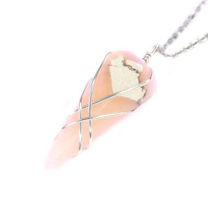 Pendulum Pink Opal Necklace Natural Gemstone Stainless Steel Chain with Pouch Michael's UK Jewellery