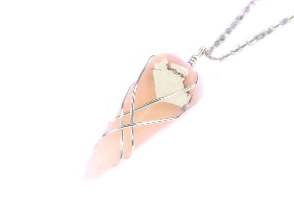 Pendulum Pink Opal Necklace Natural Gemstone Stainless Steel Chain with Pouch Michael's UK Jewellery