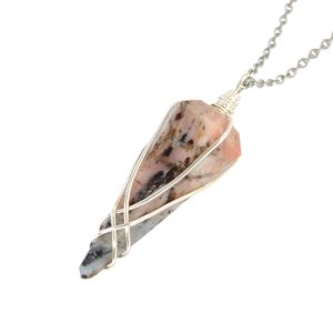 Pendulum Pink Opal Necklace Natural Gemstone Stainless Steel Chain with Pouch Michael's UK Jewellery