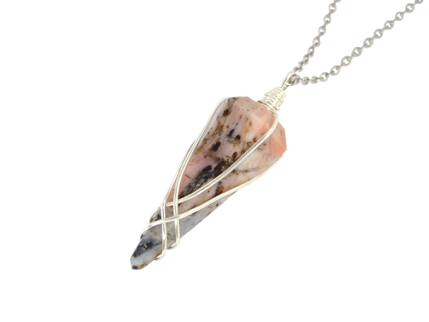 Pendulum Pink Opal Necklace Natural Gemstone Stainless Steel Chain with Pouch Michael's UK Jewellery