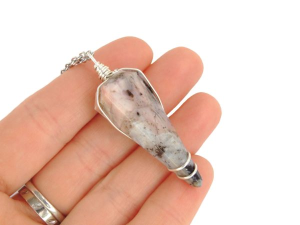Pendulum Pink Opal Necklace Natural Gemstone Stainless Steel Chain with Pouch Michael's UK Jewellery