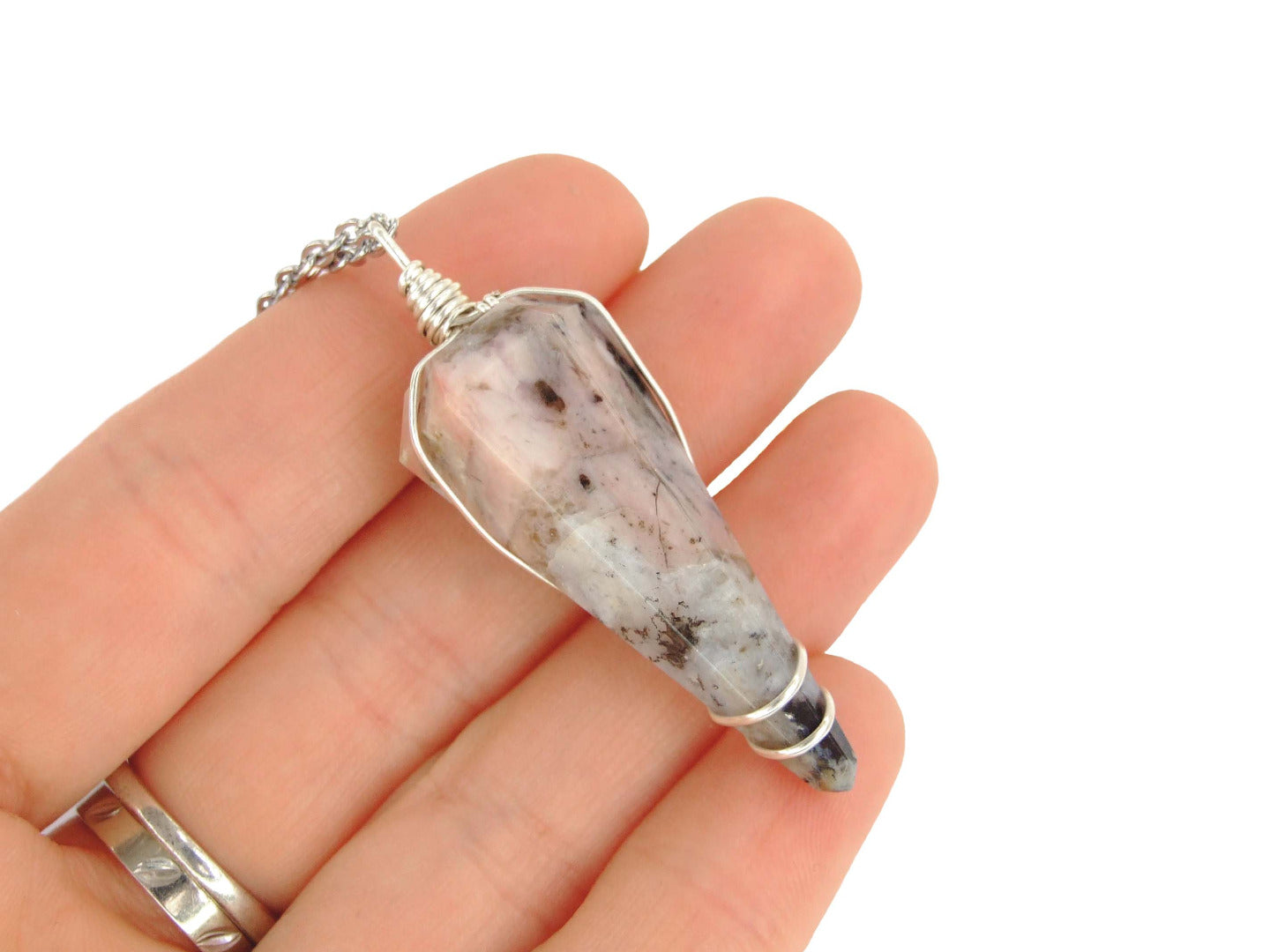 Pendulum Pink Opal Necklace Natural Gemstone Stainless Steel Chain with Pouch Michael's UK Jewellery
