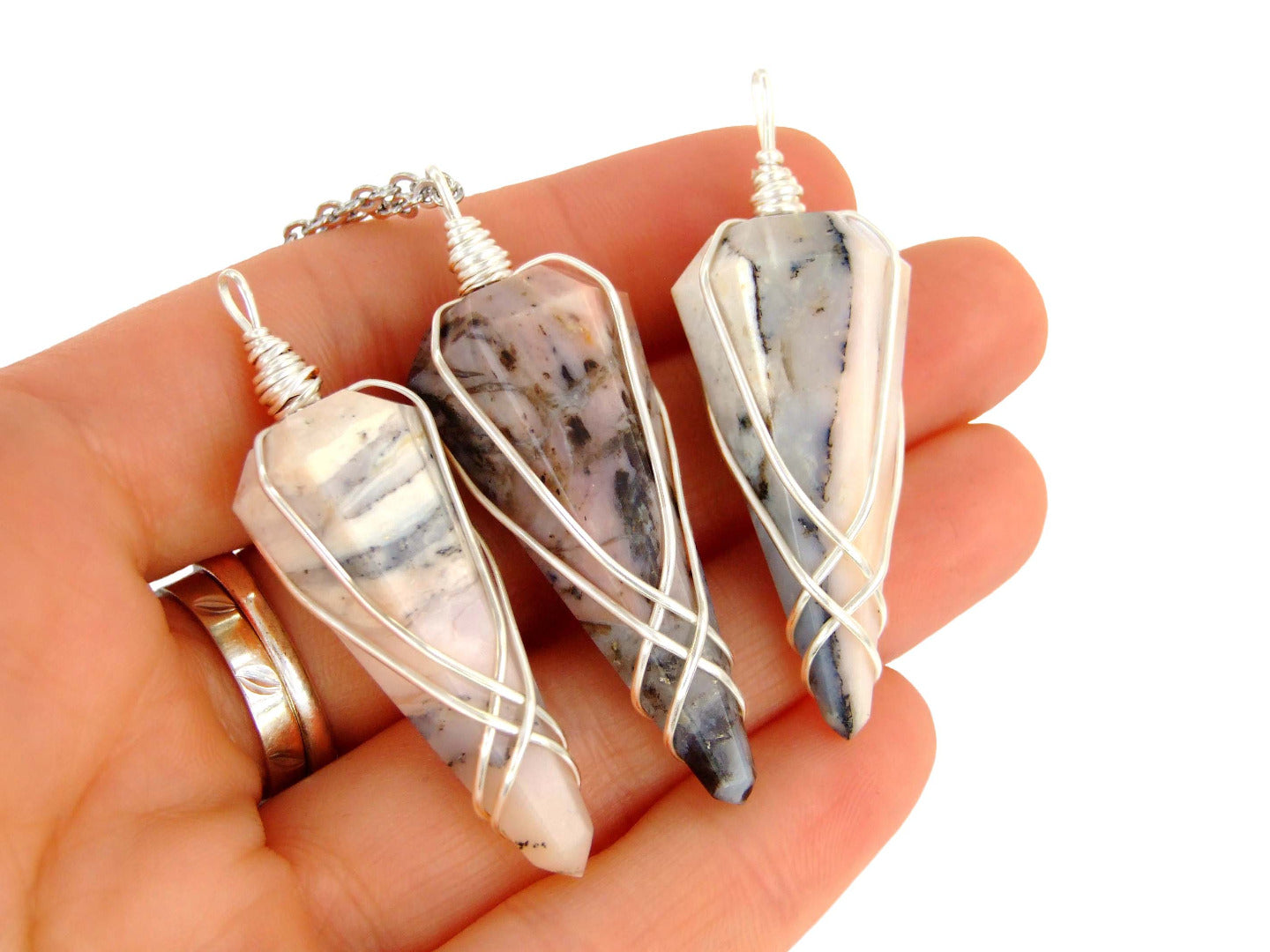 Pendulum Pink Opal Necklace Natural Gemstone Stainless Steel Chain with Pouch Michael's UK Jewellery