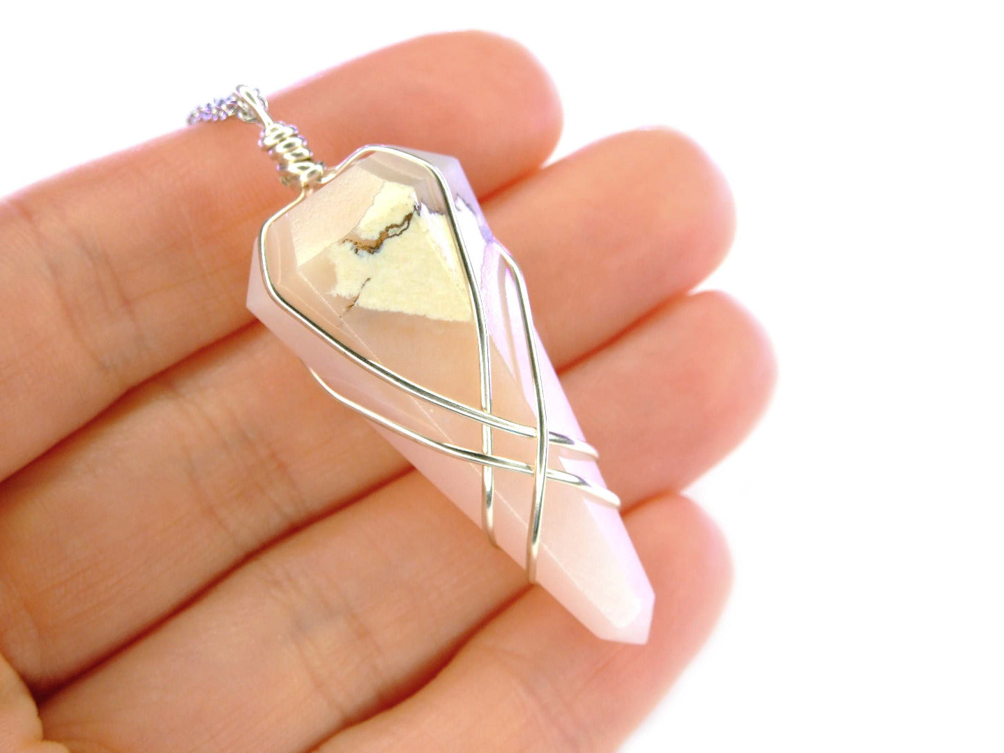 Pendulum Pink Opal Necklace Natural Gemstone Stainless Steel Chain with Pouch Michael's UK Jewellery