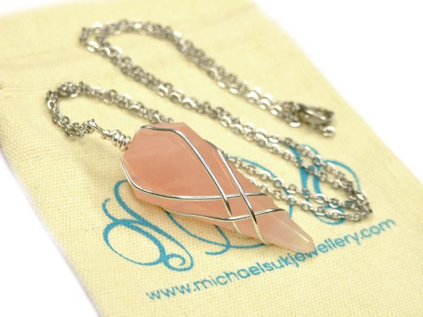 Pendulum Rose Quartz Necklace Natural Gemstone Stainless Steel Chain with Pouch Michael's UK Jewellery