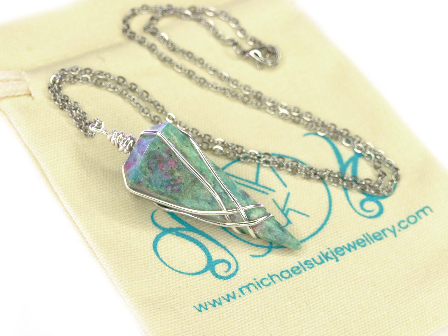Pendulum Ruby Zoisite II Necklace Natural Gemstone Stainless Steel Chain with Pouch Michael's UK Jewellery