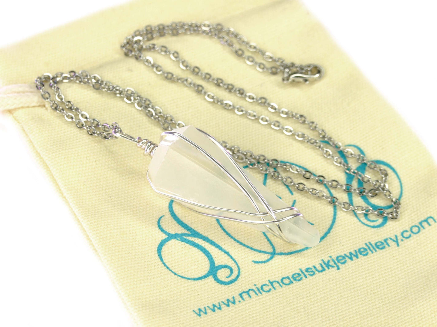 Pendulum Selenite Necklace Natural Gemstone Stainless Steel Chain with Pouch Michael's UK Jewellery