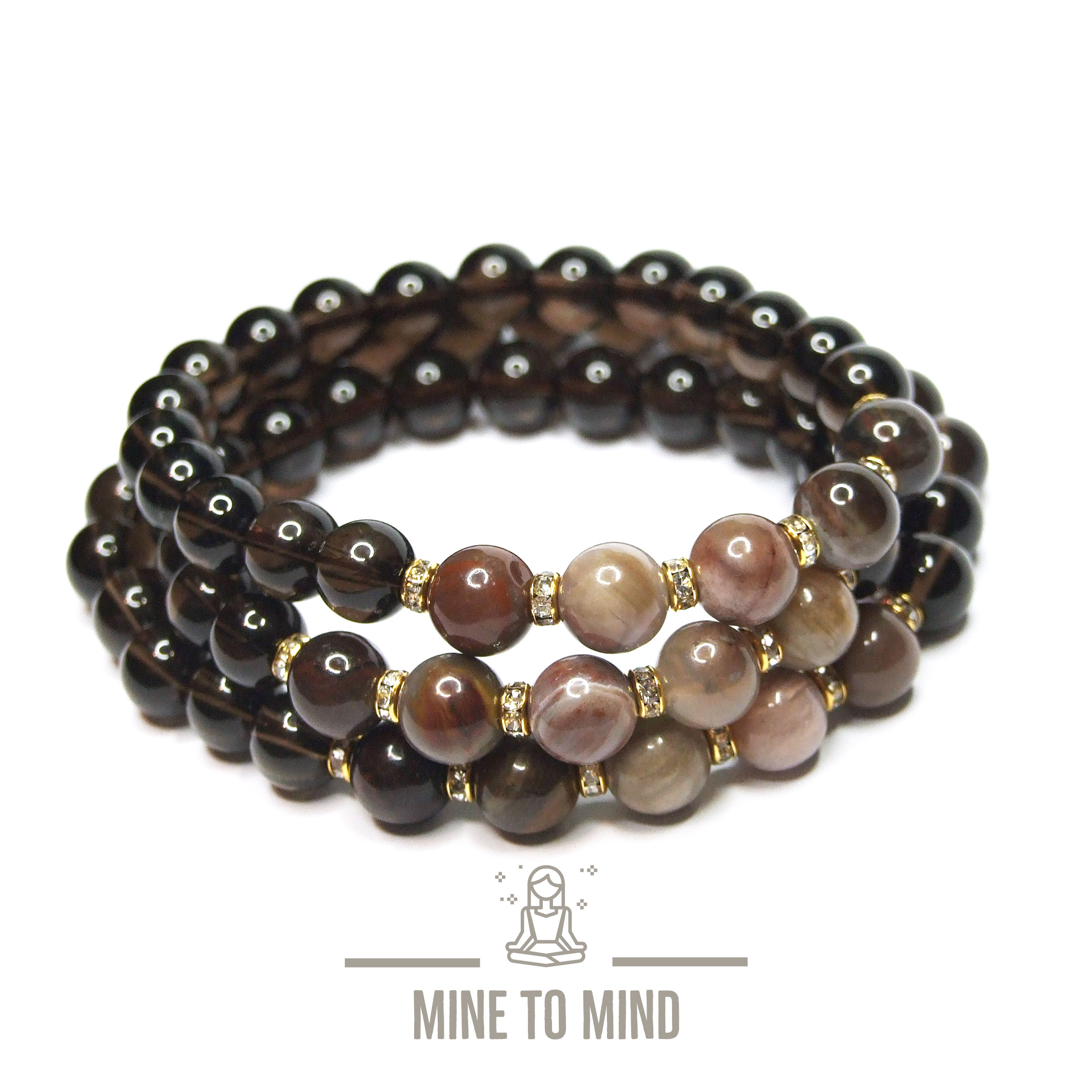 Petrified Wood Gemstone Bracelet with Smoky Quartz mine to mind beadsmouse.co.uk