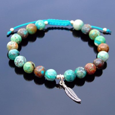 Phoenix Chrysocolla Sterling Silver Feather Natural Gemstone Bracelet 6-9'' Macrame Michael's UK Jewellery