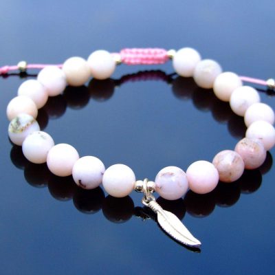 Pink Opal Sterling Silver Feather Natural Gemstone Bracelet 6-9'' Macrame Michael's UK Jewellery
