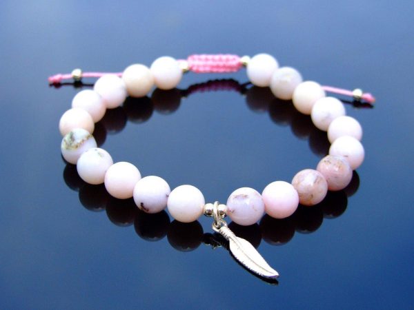 Pink Opal Sterling Silver Feather Natural Gemstone Bracelet 6-9'' Macrame Michael's UK Jewellery